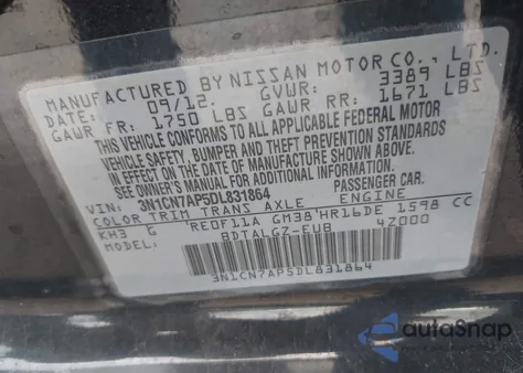 2013 Nissan Versa 1.6 Sl z USA, uszkodzony, nr VIN 3N1CN7AP5DL831864